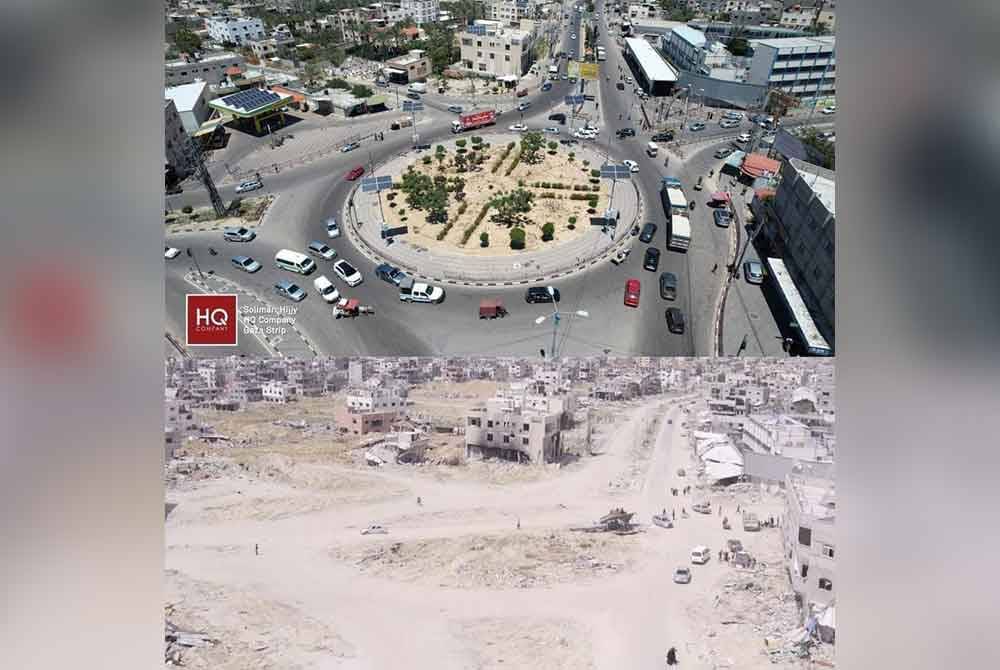 Dataran utama di bandar Bani Suheila, selatan Gaza, sebelum dan selepas pencerobohan Israel. (Foto: QNN)