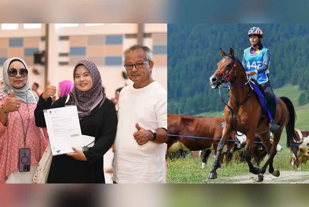 Anfal Insyirah bersama ibu bapanya semasa mendaftar di UMK Jeli. Pemenang tempat kedua (kanan) pada kejohanan Endurance Dunia FEI (Bawah 21 & ke bawah) di Ermelo, Belanda itu melapor diri di kampus UMK Jeli pada Selasa.