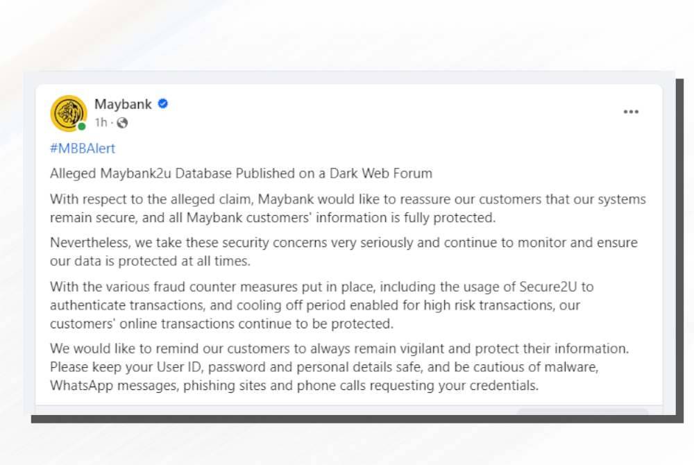 Kenyataan yang dikeluarkan oleh Maybank pada Rabu.