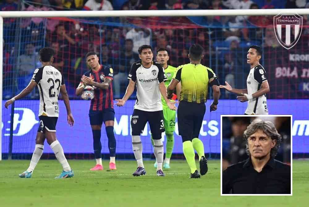 Insiden layangan kad merah kepada pemain pertahanan Terengganu FC.Foto Facebook Johor Southern Tigers (Gambar kecil: Bidoglio)