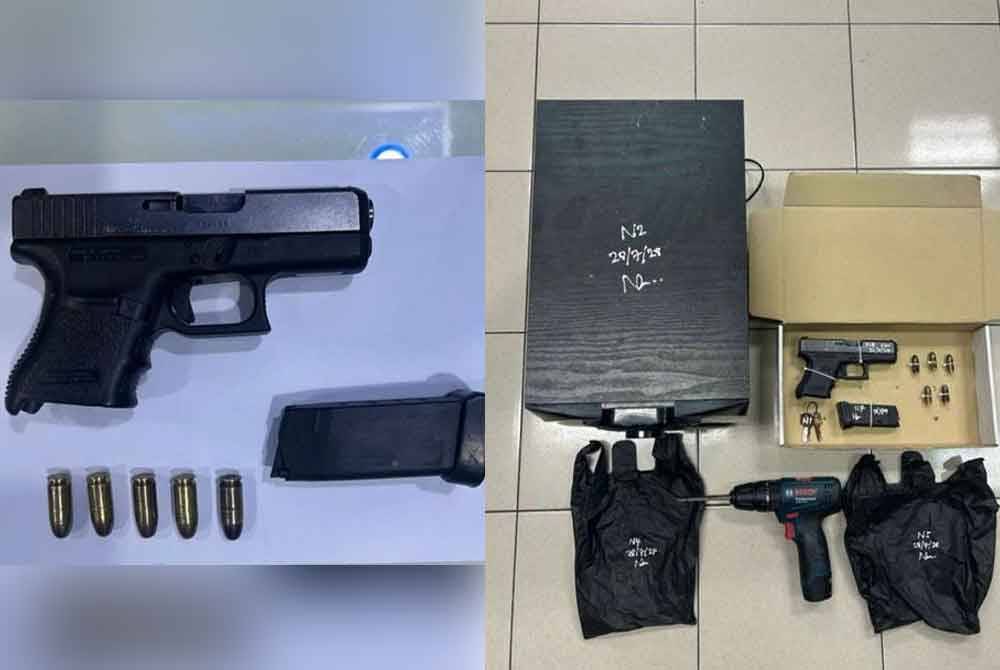 Polis turut merampas pistol dan beberapa butir peluru daripada suspek bagi membantu kes pergaduhan yang berlaku pada Jun lalu.