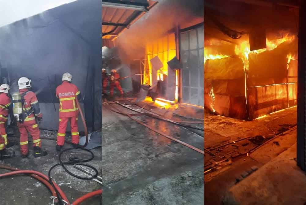 Anggota Bomba dan Penyelamat memadamkan kebakaran lapan gerai di Bazaria Wangsa Maju, di Setapak, di sini, pada Rabu.