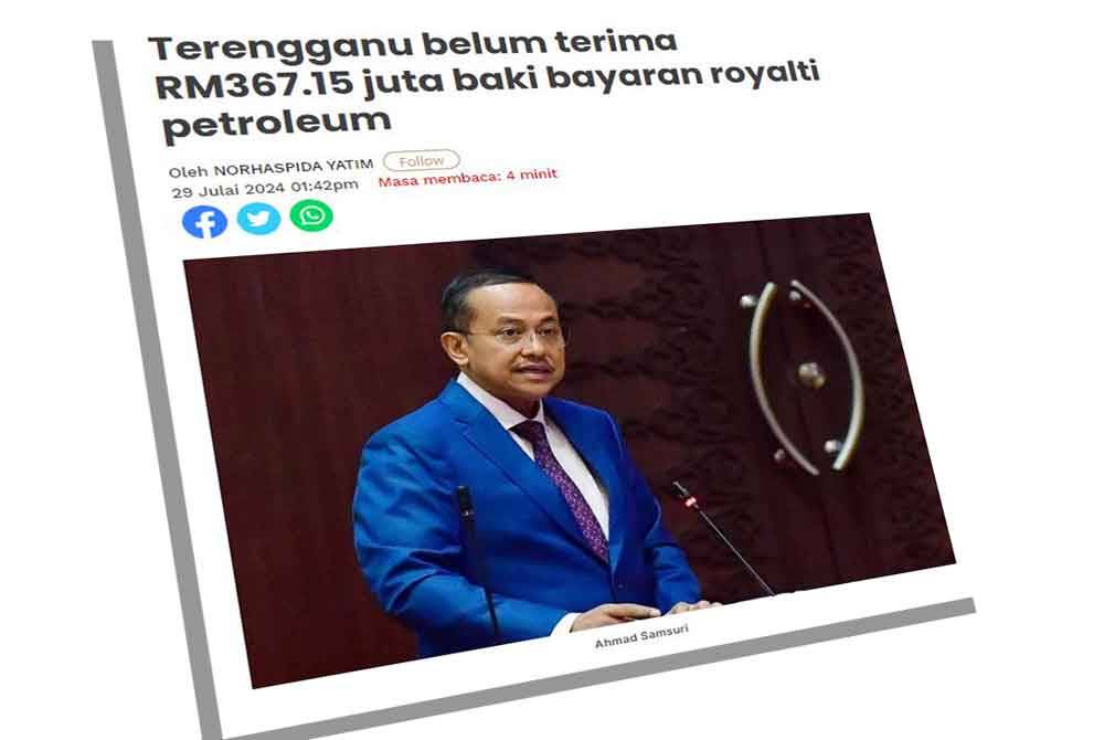 Sebelum ini Sinar Harian melaporkan Terengganu masih belum menerima baki royalti petroleum sebanyak RM367.15 juta daripada keseluruhan RM792.32 juta yang diluluskan kerajaan Pusat.