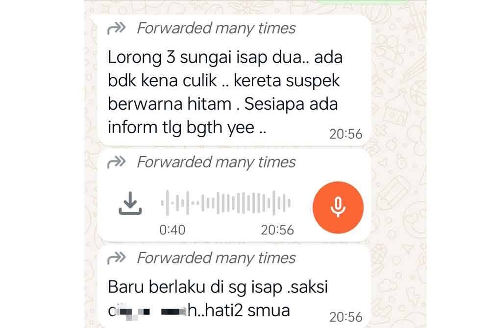 Mesej dan rakaman audio kes larikan orang yang tersebar dan tular di beberapa platform media sosial