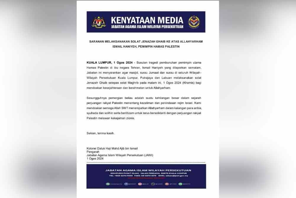Kenyataan Jawi dikeluarkan pada Khamis.