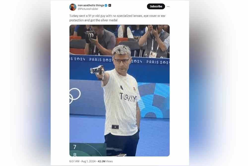 Penembak Turkiye, Yusuf Dikec turut menarik perhatian dalam acara 10m air pistol berpasukan campuran.