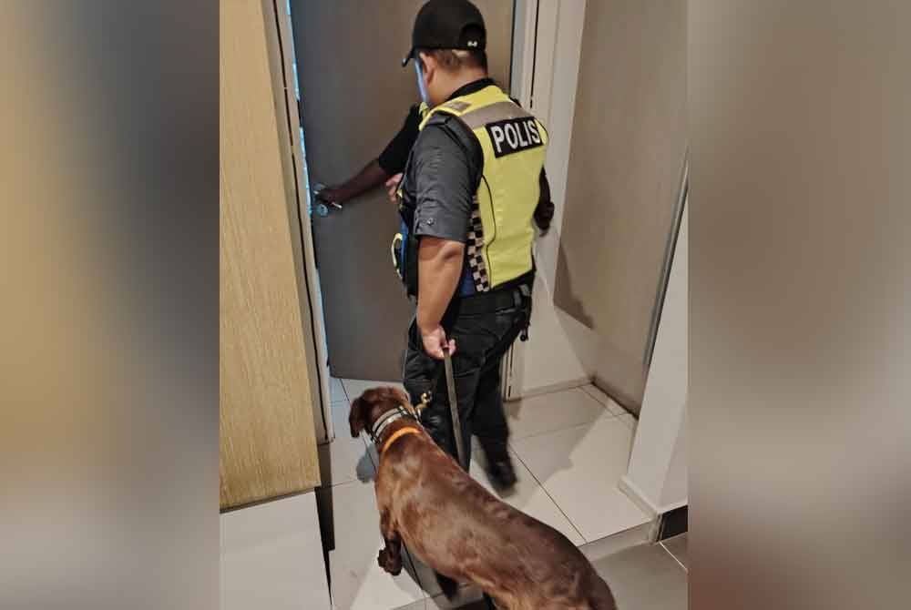 Unit anjing pengesan (K9) PDRM turut dibawa ke lokasi serbuan untuk tindakan pemeriksaan sebarang aktiviti penyalahgunaan dadah.
