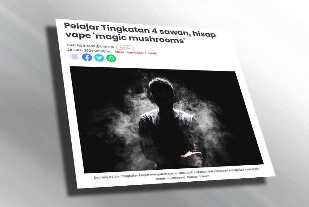 Sinar Harian sebelum ini melaporkan seorang pelajar Tingkatan Empat dikejarkan ke hospital di daerah ini selepas mengalami sawan dan tidak sedarkan diri dipercayai selepas mengambil rokok elektronik atau vape jenis 'magic mushrooms'.