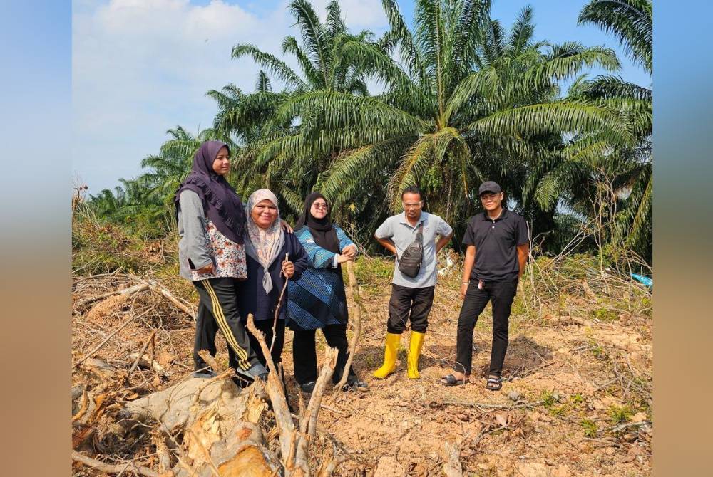 Siti Haryana (dua dari kiri) bersama empat rakan yang lain pergi ke ladang kelapa sawit untuk meninjau hal berkaitan kerja di samping mencari durian.