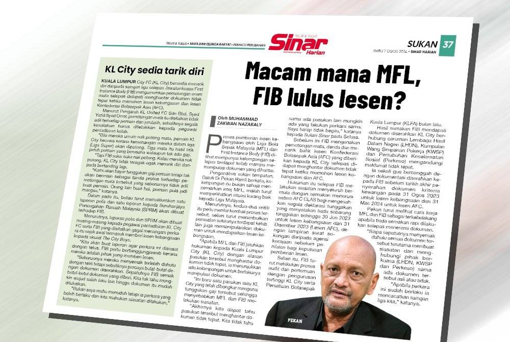 Laporan Sukan Sinar pada Rabu.