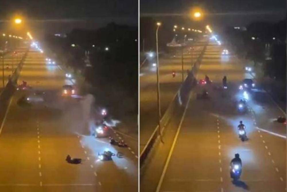Salah sebuah motosikal telah terbabas di atas jalan raya lalu dirempuh oleh beberapa motosikal dari kumpulan yang lain.