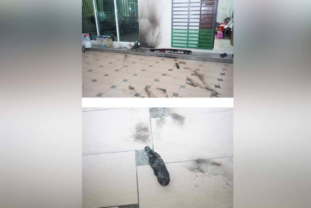 Keadaan rumah mangsa yang dibaling bom petrol sebelum tangkapan tiga suspek dibuat oleh sepasukan pegawai dan anggota Jabatan Siasatan Jenayah Ibu Pejabat Polis Kontinjen Perak serta Bahagian Siasatan Jenayah Ibu Pejabat Polis Daerah Ipoh pada Rabu.