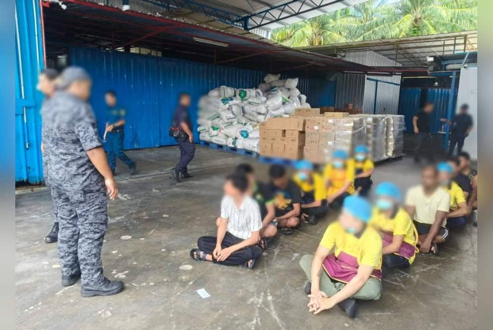 Sebahagian daripada warga asing yang ditahan menerusi pemeriksaan di premis perniagaan dan rumah pekerja di sekitar Johor Bahru, Muar dan Mersing. Foto JIM Johor