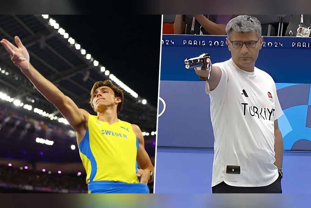 Atlet lompat bergalah Sweden, Armand Duplantis (kiri) meraikan kejayaannya dengan melakukan 'gaya Yusuf Dikec' (kanan) selepas mencipta rekod Olimpik baharu dengan lompatan setinggi 6.25 meter di Stade de France.