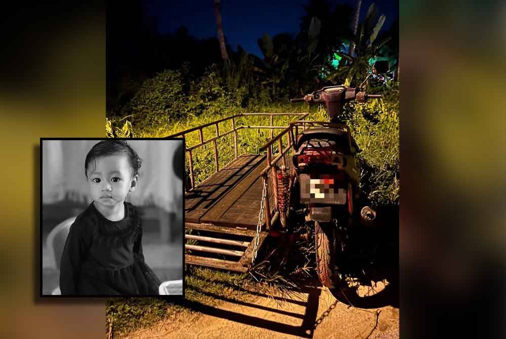 Semasa kejadian mangsa dikatakan dipegang oleh abang kandungnya berusia lapan tahun semasa menaiki motosikal jenis Suzuki RC110S bersama lima orang lagi kanak-kanak lain. Gambar kecil: Bayi perempuan berusia 15 bulan lemas dipercayai tercampak ke dalam tali air di Kampung Tok Belian, Pengkalan Petah, Bachok pada Jumaat.