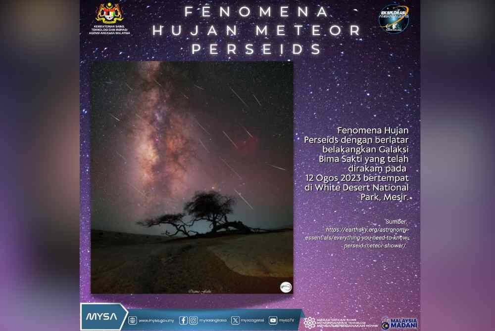 Kemuncak fenomena Hujan Meteor Perseids dijangka berlaku pada malam 12 Ogos hingga subuh 13 Ogos ini dengan purata 100 meteor per jam.