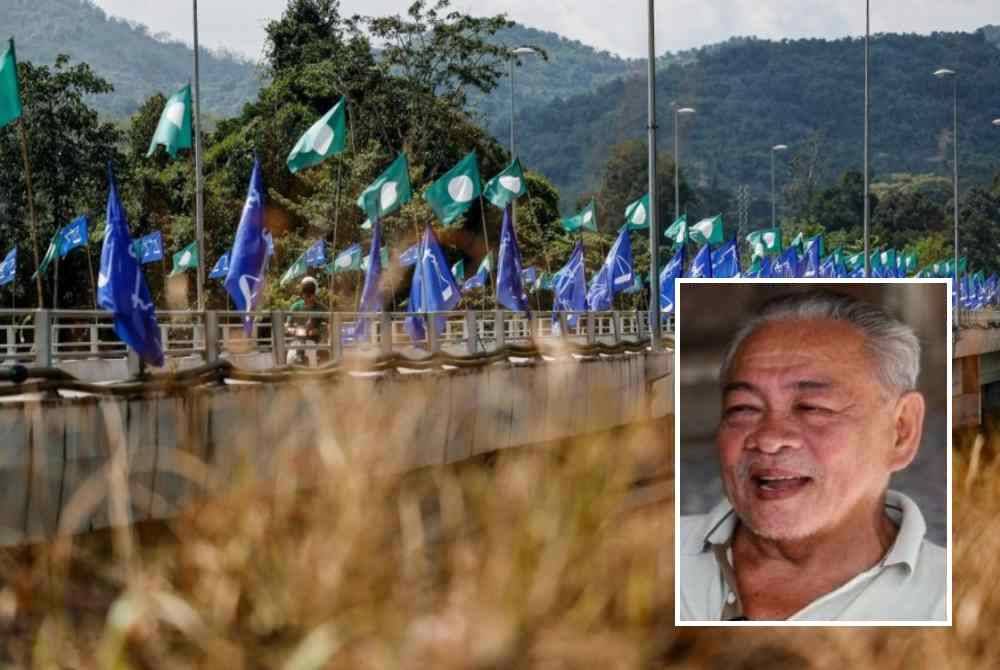 Parti-parti politik yang bertanding mula memasang bendera parti masing-masing di sekitar kawasan Jambatan Pulau Setelu. Gambar kecil: To Bong Sing. Foto Bernama