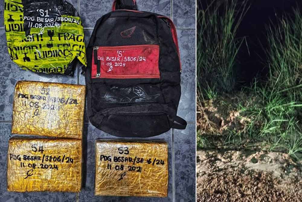 Beg yang dibuang suspek bersama tiga ketulan mampat ganja dianggarkan seberat tiga kilogram. Gambar kanan: Lokasi suspek membuang beg galas ketika cuba melarikan diri dari polis.