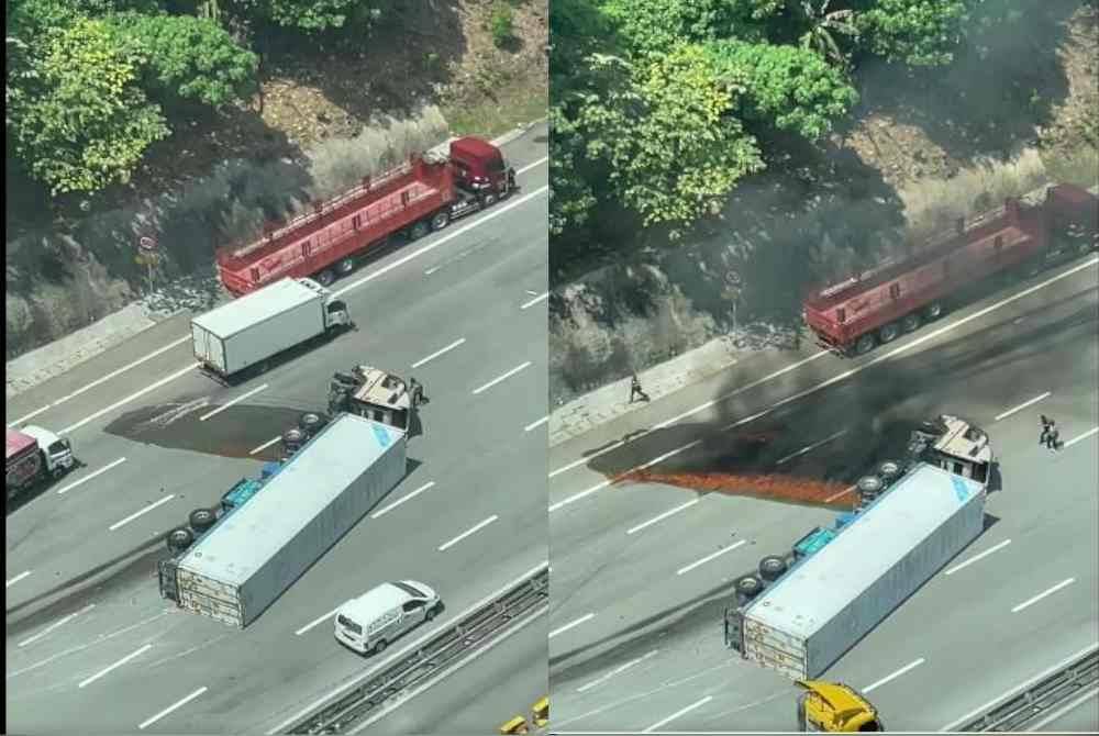 Tangkap layar video tular keadaan lori terbalik sebelum terbakar berhampiran Plaza Tol Jalan Duta dekat Segambut di sini pada Selasa.