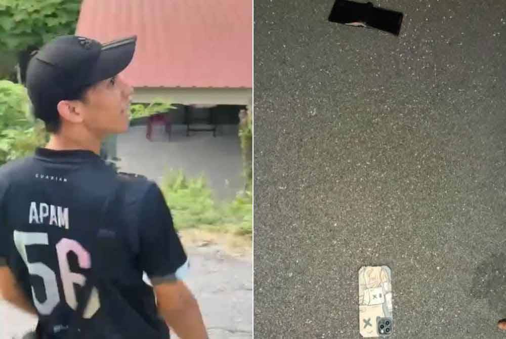 Nidza Afham mengenakan baju hitam ketika berjoging. Gambar kanan: Sebuah telefon bimbit jenis iPhone dan dompet berisi dokumen dipercayai milik Muhammad Nidza Afham ditemui.