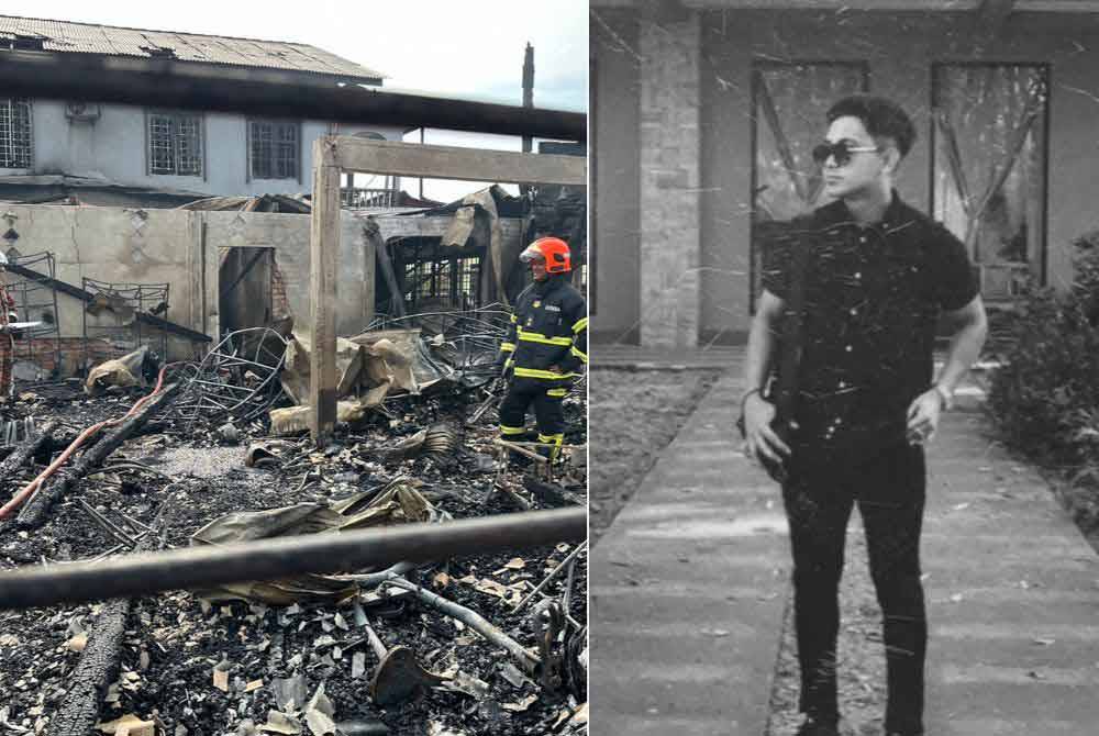 Pihak bomba yang menjalankan siasatan di lokasi kebakaran sebuah rumah di Tanah Merah. Gambar kanan: Allahyarham Mohammad Nor Syahid Faridzuan.