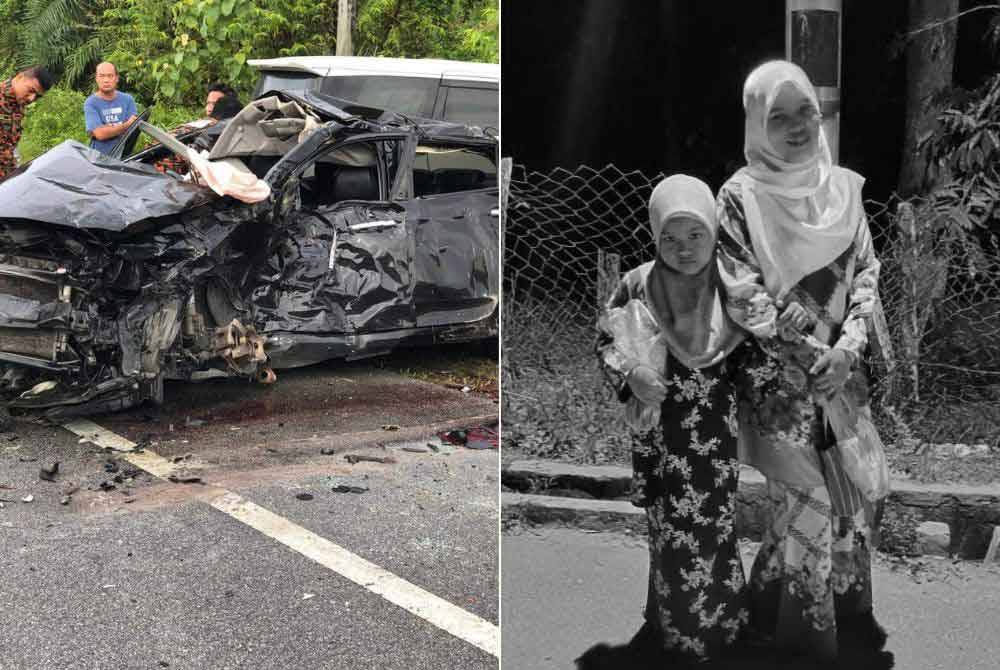 Keadaan kereta dinaiki Sakinah dan dua anaknya selepas bertembung dengan sebuah MPV di Kilometer 12.5 Jalan Kuala Kangsar-Manong, Kuala Kangsar pada Khamis. Gambar kanan: Allahyarham Sakinah bersama anak bongsunya