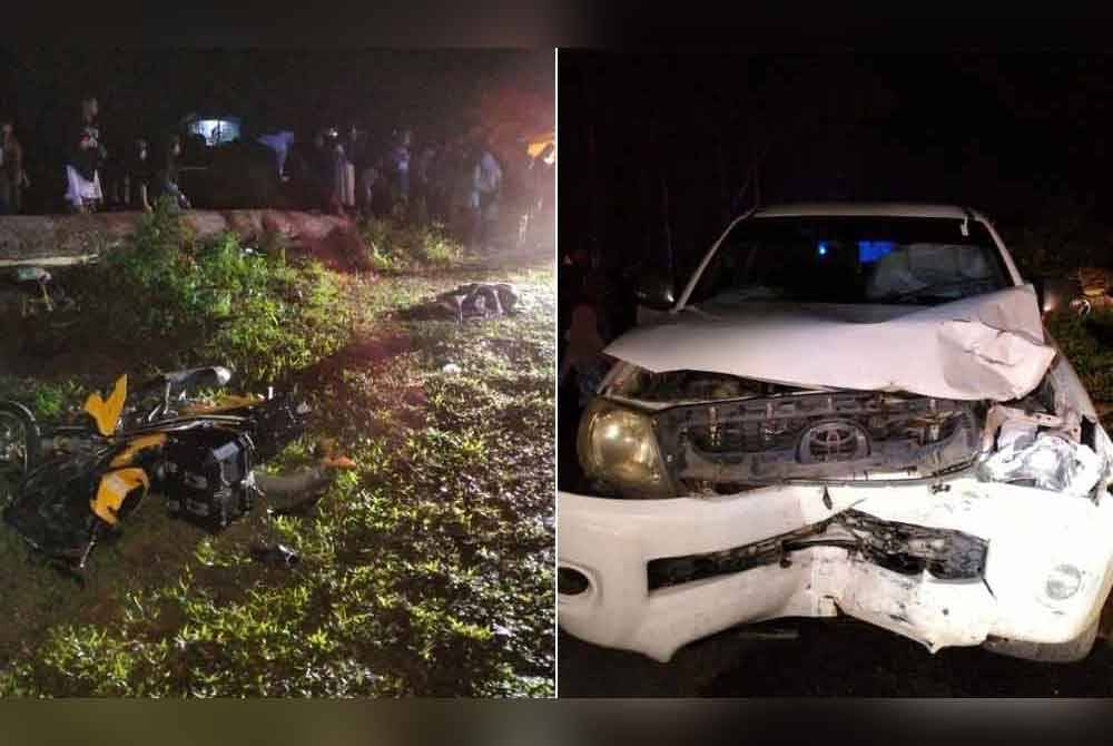 Motosikal Mohamad Asyraf yang turut tercampak ke bahu jalan. Gambar kanan: Keadaan remuk pada Toyota Hilux yang terbabit dalam kemalangan di Kuala Krai. Foto Ihsan PDRM.