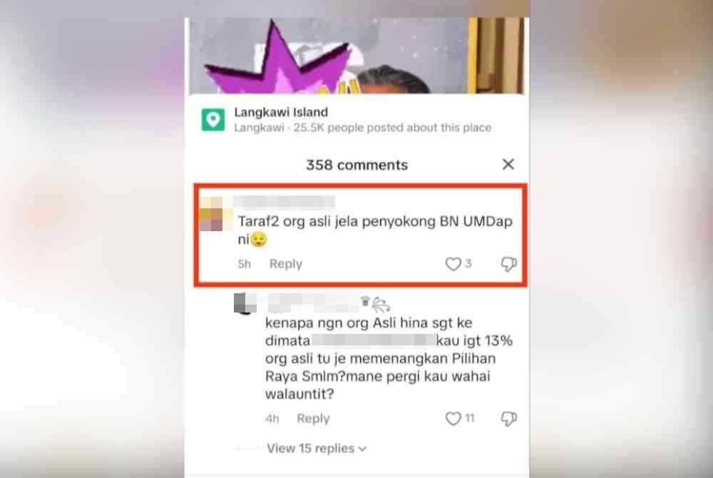 Komen guru wanita berkenaan di Facebook yang seolah-olah menghina Orang Asli.