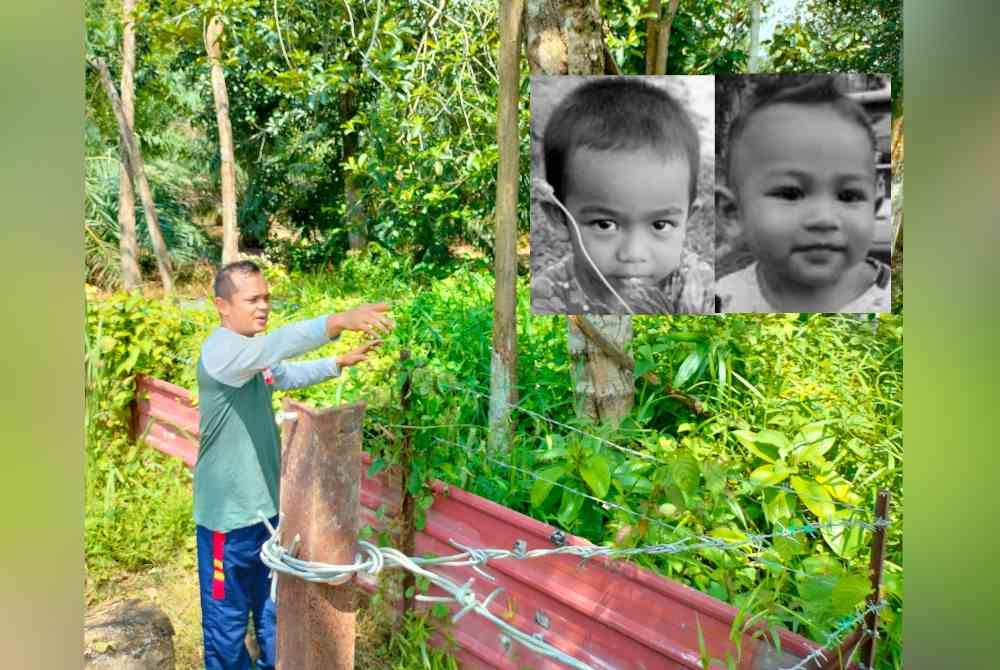 Uzair menunjukkan tiang pagar dawai yang merupakan lokasi dipasang keropok bercampur beracun berdekatan semak bukan di laluan orang ramai. Gambar kecil: Muhammad Akil Syauqi, Muhammad Luth Syauqi