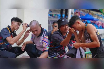 Zainuddin (kanan) menunaikan nazar di atas kejayaan Armin meraih pingat emas Sukma Sarawak. Foto FB Wan Sukairi Wan Abdullah.