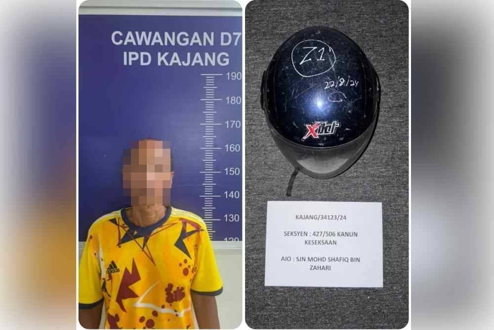 Polis menangkap suspek seorang lelaki tempatan berusia 54 tahun di kawasan Kajang, Selangor berhubung kes ugutan jenayah dan memecahkan cermin kenderaan. Foto PDRM