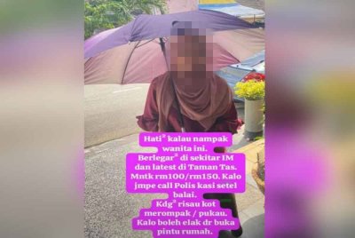 Tangkap layar sekeping gambar wanita yang mendakwa meminta wang di sekitar Indera Mahkota dan terbaru di Taman Tas di media sosial Facebook pada Jumaat.