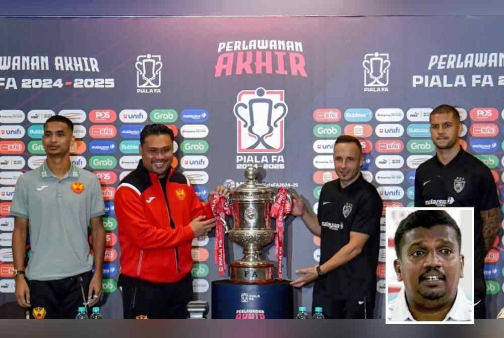 Ketua Jurulatih Selangor FC, Nidzam Jamil (dua dari kiri) bersama ketua pasukan Selangor FC Safwan Baharudin (kiri) menjulang Piala FA bersama Penolong Jurulatih JDT, Jose Lopez (dua dari kanan) dan Pemain JDT, Junior Eldstal (kanan) pada sidang media menjelang perlawanan akhir Piala FA 2024 di Stadium Nasional Bukit Jalil Kuala Lumpur. Foto Bernama. Gambar kecil: Sulaiman