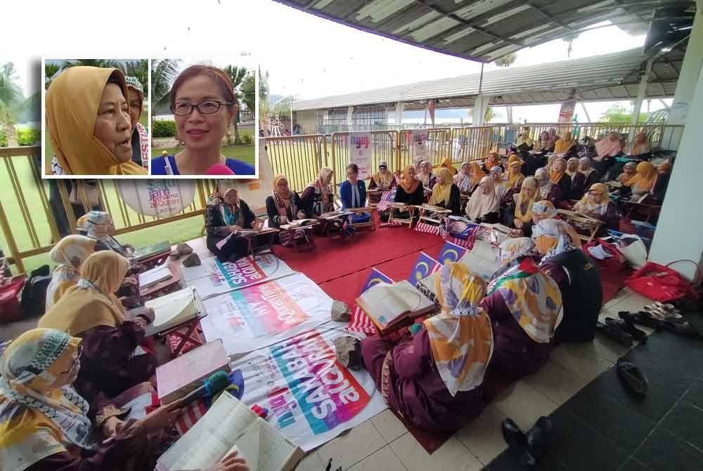 Ahli Rumah Ngaji Komuniti Teluk Muroh mengalunkan bacaan Surah Al-Jumu'ah sempena Program Malaysia #QuranHourdi Marina Island di sini pada Jumaat. Gambar kecil: Rafidah (kiri), Mei Looi