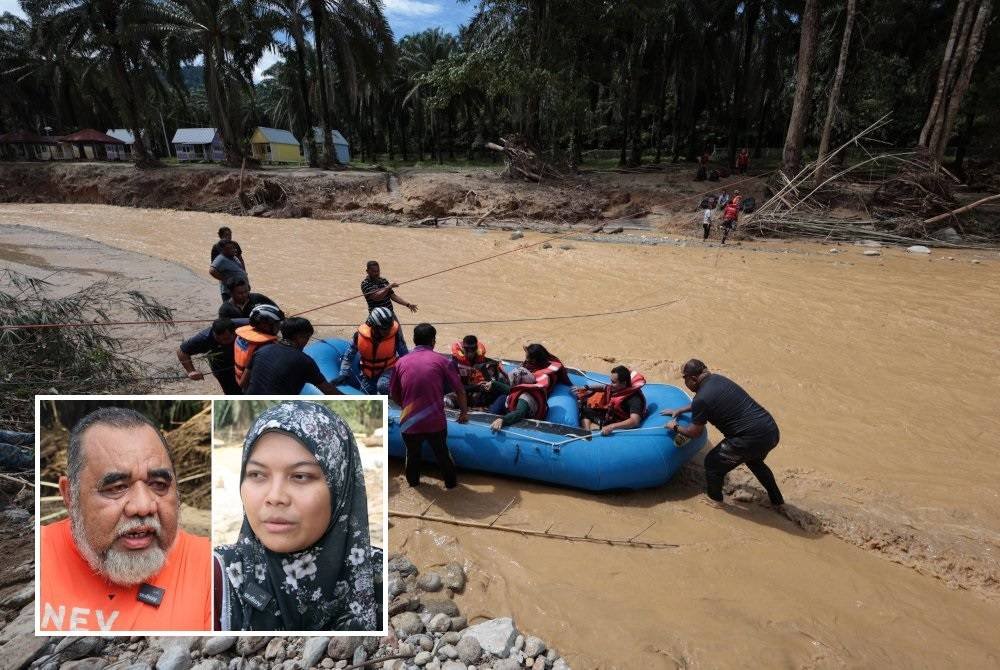 Pasukan penyelamat menggunakan bot 'rafting' bagi membawa mangsa-mangsa terperangkap kepala air menyeberangi Sungai Geliting di Slim River. (Gambar kecil: Ibrahim, Nor Fatihah)