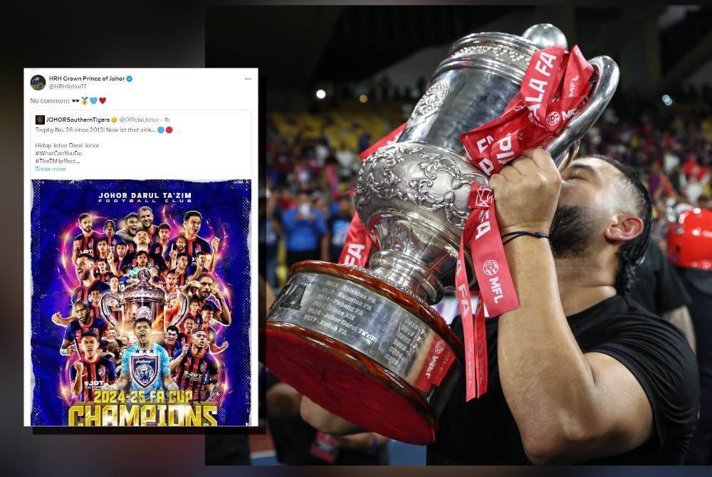Tangkap layar komen TMJ di X. (TMJ berkenan meraikan kemenangan selepas pasukan Johor Darul Ta'zim menjuarai Piala FA di Stadium Nasional Bukit Jalil pada Sabtu. Foto Bernama)