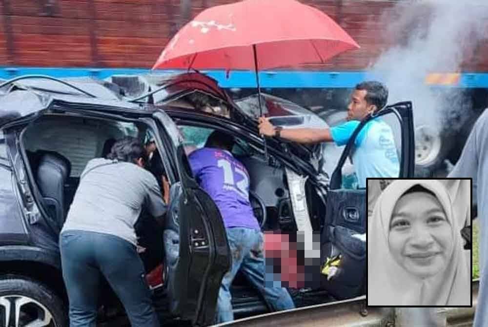 Orang ramai membantu mangsa dalam kenderaan utiliti sukan (SUV) yang terlibat kemalangan. Gambar kecil: Allahyarhamah Fauziah Selamat