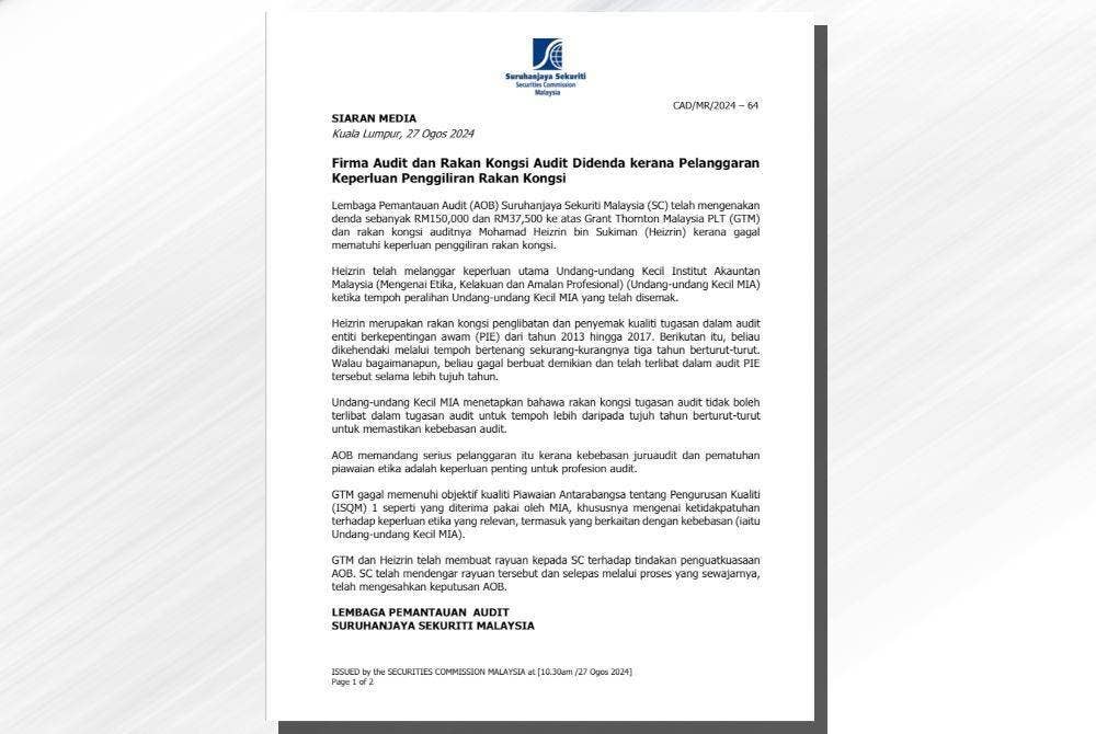 AOB memandang serius pelanggaran audit kerana kebebasan juruaudit dan pematuhan piawaian etika adalah keperluan penting untuk profesion berkenaan.