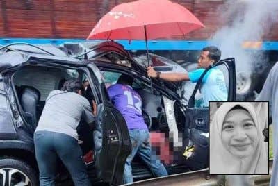 Orang ramai membantu mangsa dalam kenderaan utiliti sukan (SUV) yang terlibat kemalangan. Gambar kecil: Allahyarhamah Fauziah Selamat