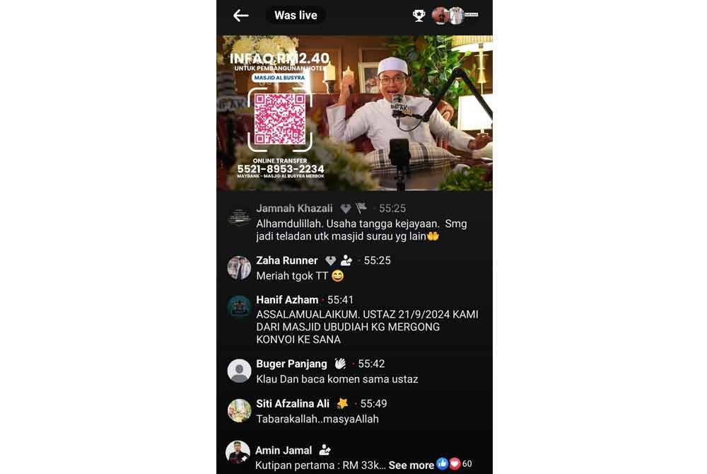 Tangkap layar semasa 'live' bagi mengumpul dana pembinaan hotel Masjid Al-Busyra Merbok.