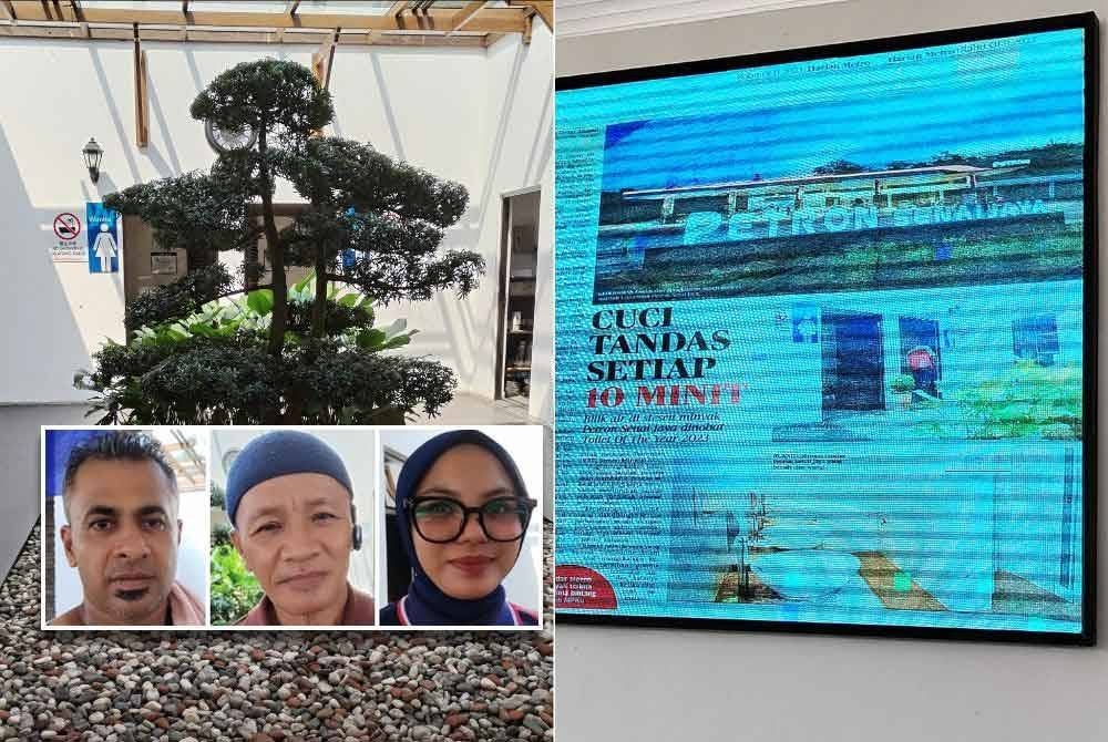 Landskap yang bersih dan menarik turut disediakan bagi keselesaan pengunjung di stesen minyak berkenaan. Gambar kecil dari kiri: Abdul Rashid, Samad, dan Zainur Asshiken