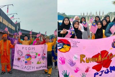 Antara penghuni dan staf Pertubuhan Jariah Qaseh Malaysia yang menyertai sambutan kemerdekaan. Gambar kanan: Anak yatim Pertubuhan Jariah Qaseh Malaysia yang menyertai sambutan kemerdekaan.
