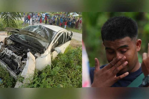 Mohd Fadzil (kanan) tidak dapat menahan sebak ketika menceritakan detik berlakunya kemalangan ketika cuba mengelak seekor kera melintas jalan raya.