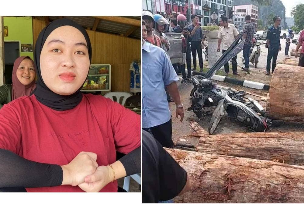 Siti Norelyana (kiri) nyaris maut apabila motosikal ditunggangnya dihempap kayu balak dalam kejadian di Persimpangan Bendahara Jalan Gua Musang-Kuala Krai pada Selasa. Foto ihsan pembaca