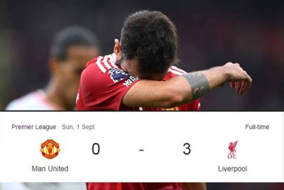 Bintang Manchester United, Bruno Fernandes nyata kecewa selepas pasukannya dimalukan Liverpoll 0-3 dalam aksi Liga Perdana Inggeris.