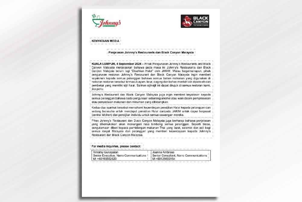 Kenyataan dikeluarkan Johnny's Restaurant dan Black Canyon Malaysia.