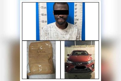 Suspek warga asing, dadah serta kereta Perodua Bezza yang dirampas.