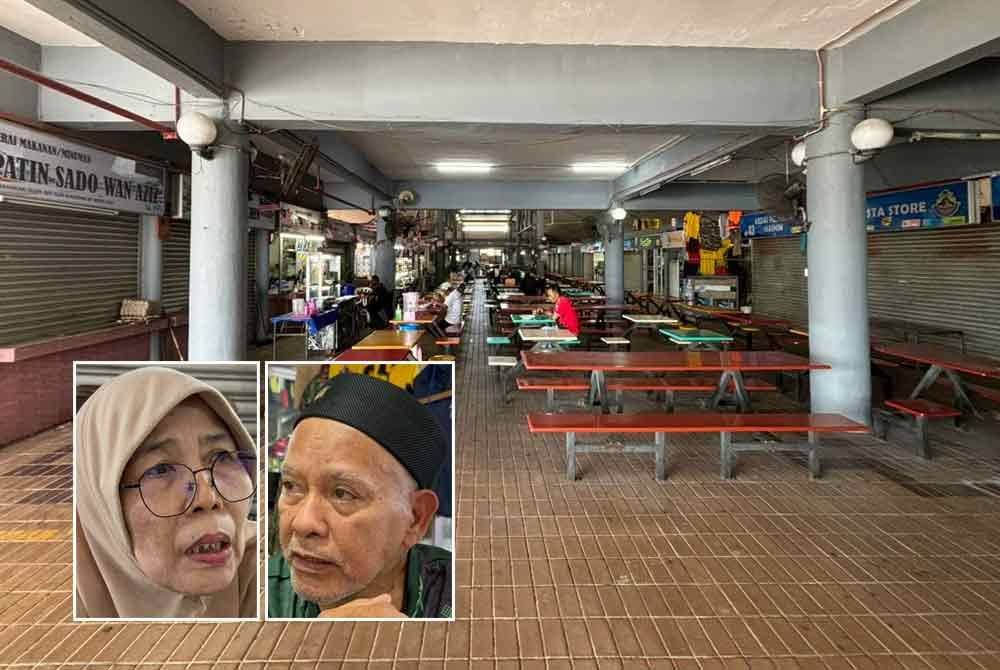 Keadaan lengang di kawasan medan selera Terminal Pengangkutan Awam Kluang meresahkan peniaga. Gambar kecil dari kiri: Rahimah, Zakaria