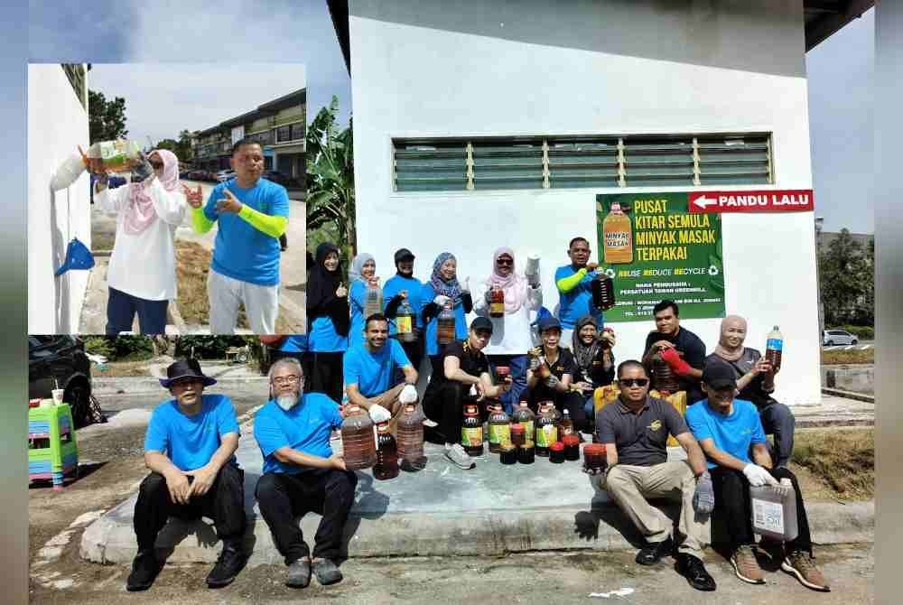 Pusat pengumpulan minyak masak terpakai hasil inisiatif Persatuan Penduduk Taman Greenhill. Gambar kecil: Fatin memasukkan minyak masak terpakai pada corong di pusat pengumpulan minyak masak terpakai di Taman Greenhill U10.