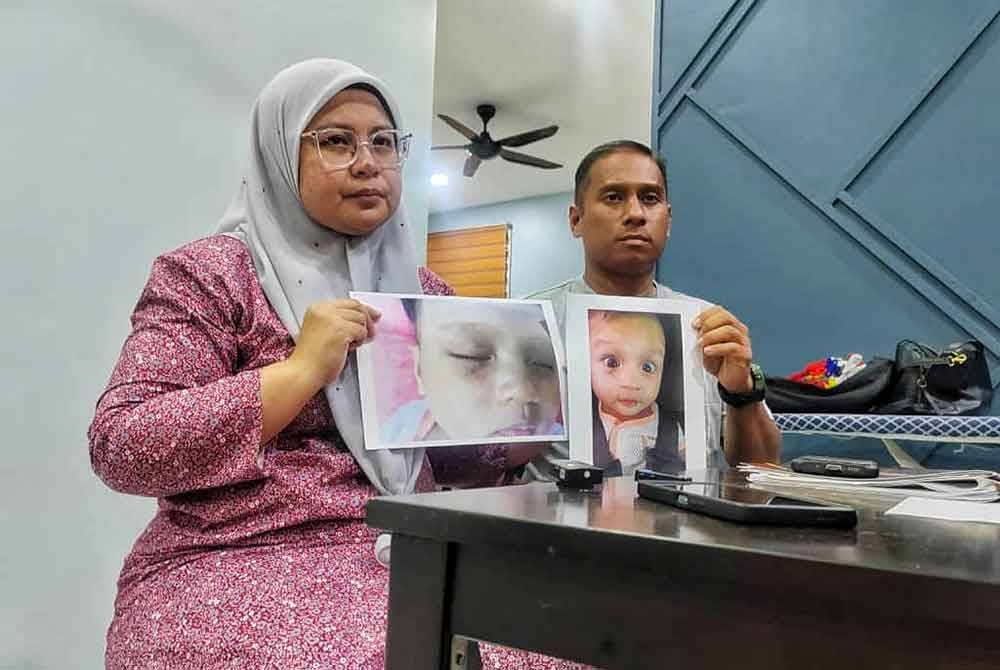 Nurul Fatehah bersama suaminya menunjukkan gambar mata lebam Haura Naija dan gambar ceria arwah ketika masih hidup.